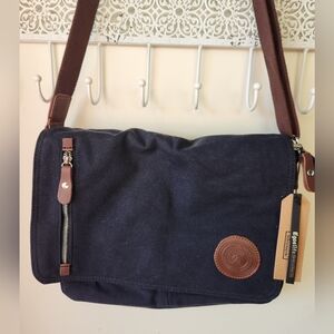 Augur Messenger Bag Canvas and Leather Black and Brown NWT